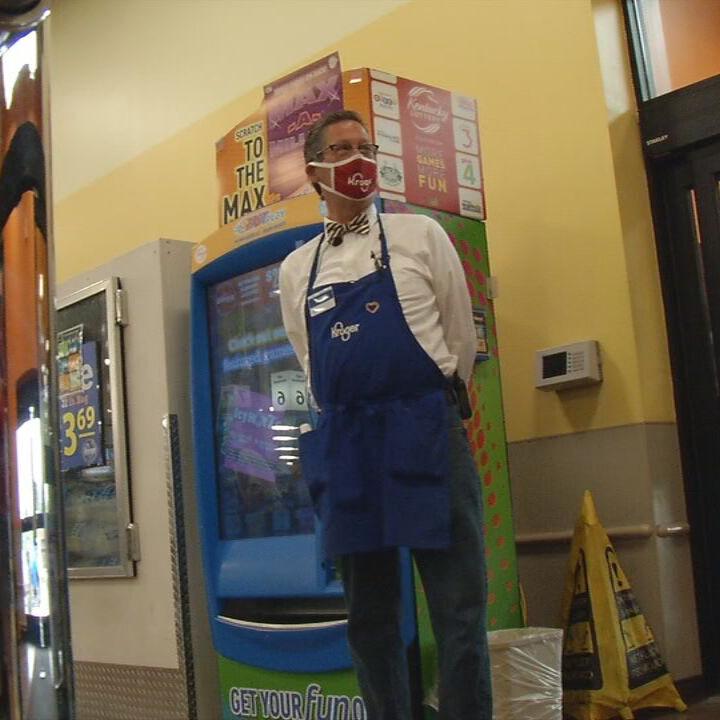 Terry Rush greets customers at Dixie Highway Kroger
